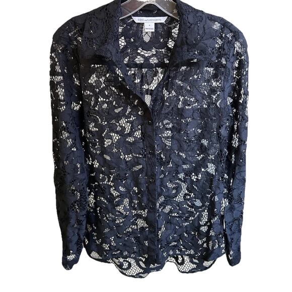 Diane Von Furstenberg Tops - Diane von Furstenberg DVF Black Lace Blouse women's 6 Button Down Sheer LS